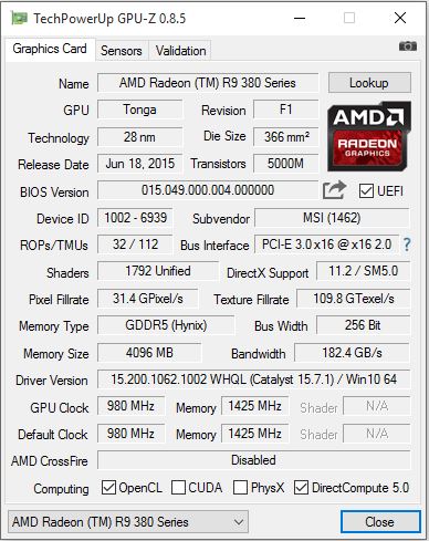 MSI Gaming R9 380 GPU Z